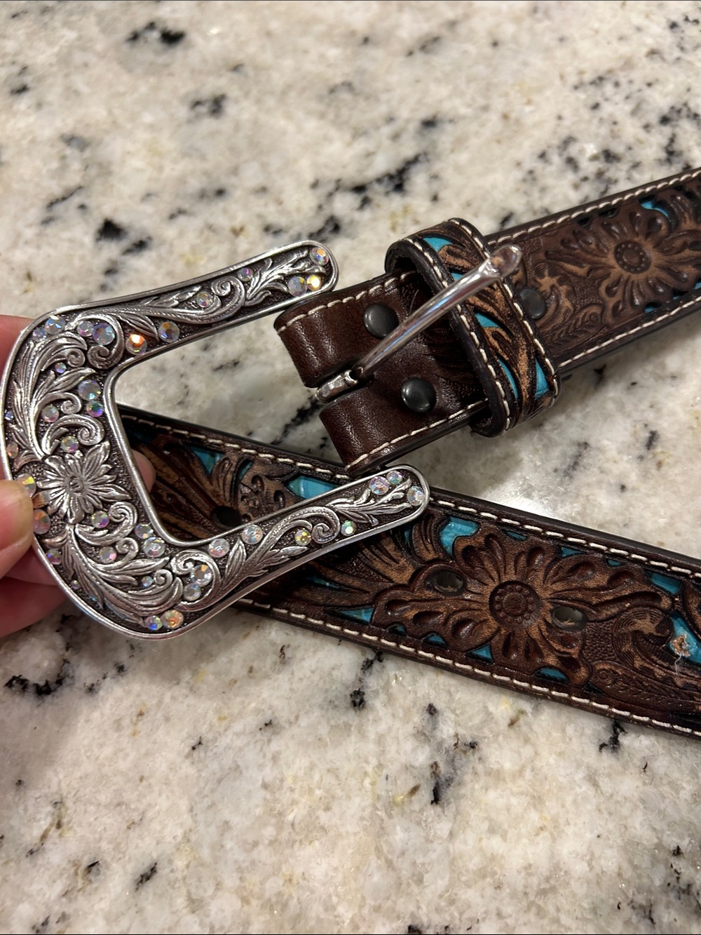 Ariat Brown Leather Belt with Turquoise Accents & Ornate Silver Buckle - Picture 4 of 7
